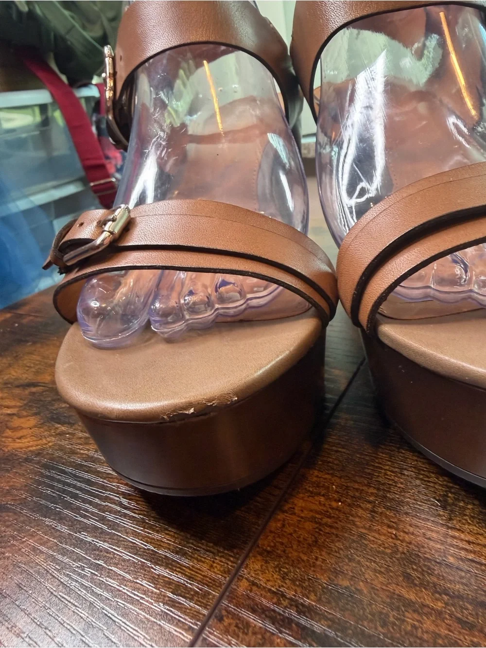 Franco Sarto Divine wedge sandals brown leather straps metallic buckle Size 9.5